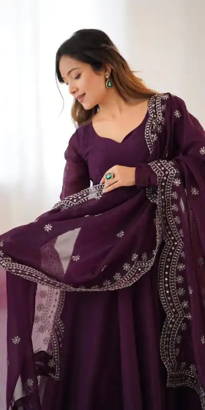 Wine Fandy Silk Embroidery Work Gown | Gowns, Bollywood Gowns, Creative Gowns, Designer Gowns, Embroidered Gowns, Party Wear Gowns