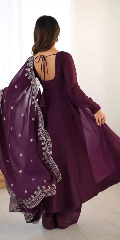 Wine Fandy Silk Embroidery Work Gown | Gowns, Bollywood Gowns, Creative Gowns, Designer Gowns, Embroidered Gowns, Party Wear Gowns