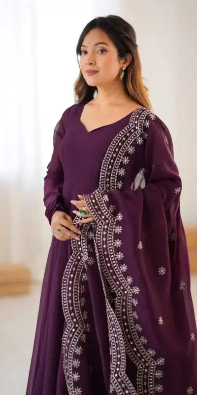 Wine Fandy Silk Embroidery Work Gown | Gowns, Bollywood Gowns, Creative Gowns, Designer Gowns, Embroidered Gowns, Party Wear Gowns