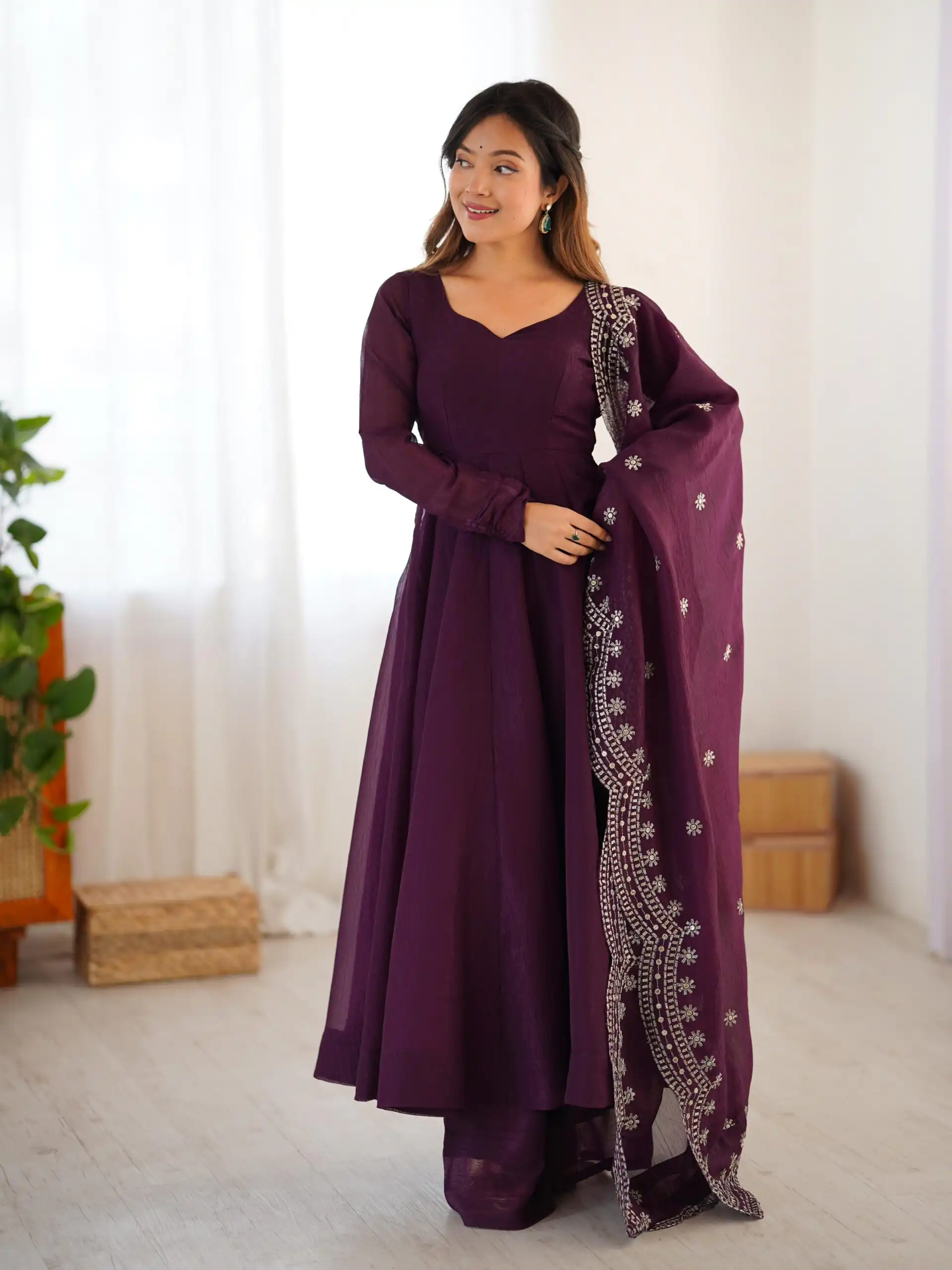Wine Fandy Silk Embroidery Work Gown | Gowns, Bollywood Gowns, Creative Gowns, Designer Gowns, Embroidered Gowns, Party Wear Gowns