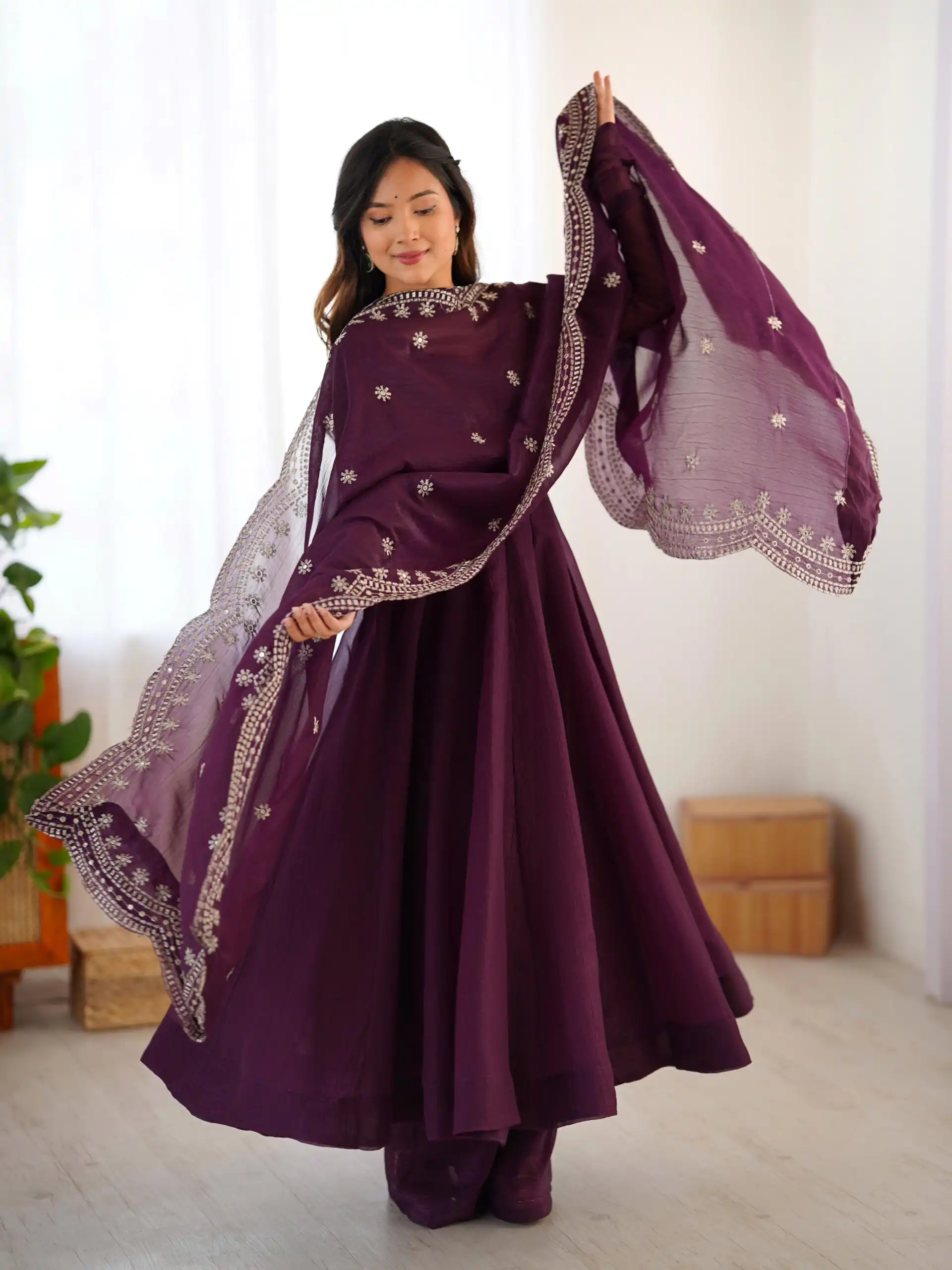 Wine Fandy Silk Embroidery Work Gown | Gowns, Bollywood Gowns, Creative Gowns, Designer Gowns, Embroidered Gowns, Party Wear Gowns