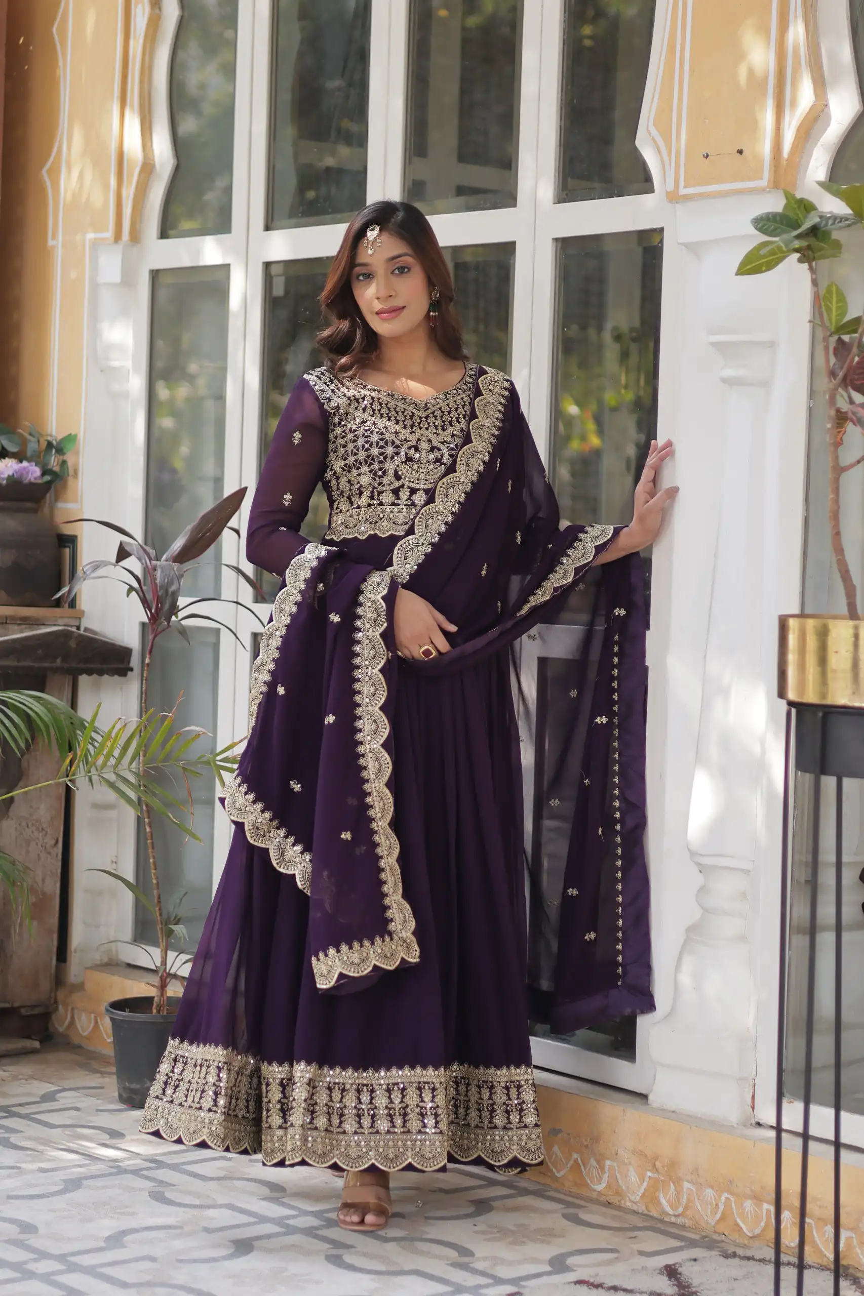 Wine Faux Blooming Embroidery Zari Work Gown | Gowns, Bollywood Gowns, Creative Gowns, Designer Gowns, Embroidered Gowns, Party Wear Gowns