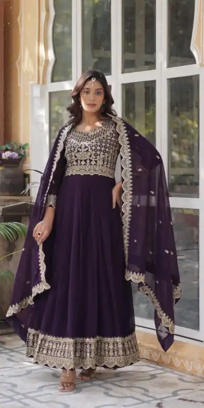 Wine Faux Blooming Embroidery Zari Work Gown | Gowns, Bollywood Gowns, Creative Gowns, Designer Gowns, Embroidered Gowns, Party Wear Gowns