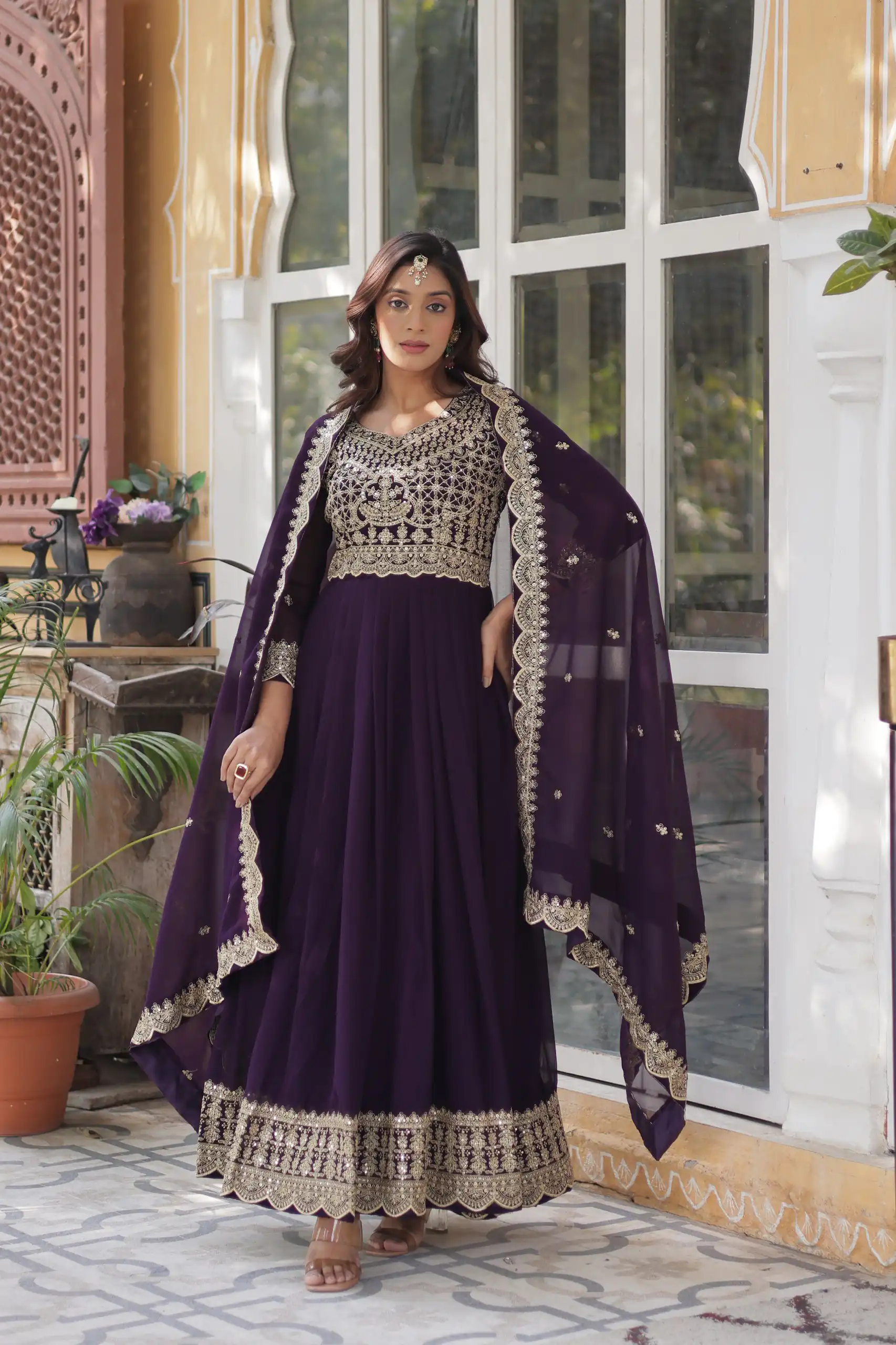Wine Faux Blooming Embroidery Zari Work Gown | Gowns, Bollywood Gowns, Creative Gowns, Designer Gowns, Embroidered Gowns, Party Wear Gowns