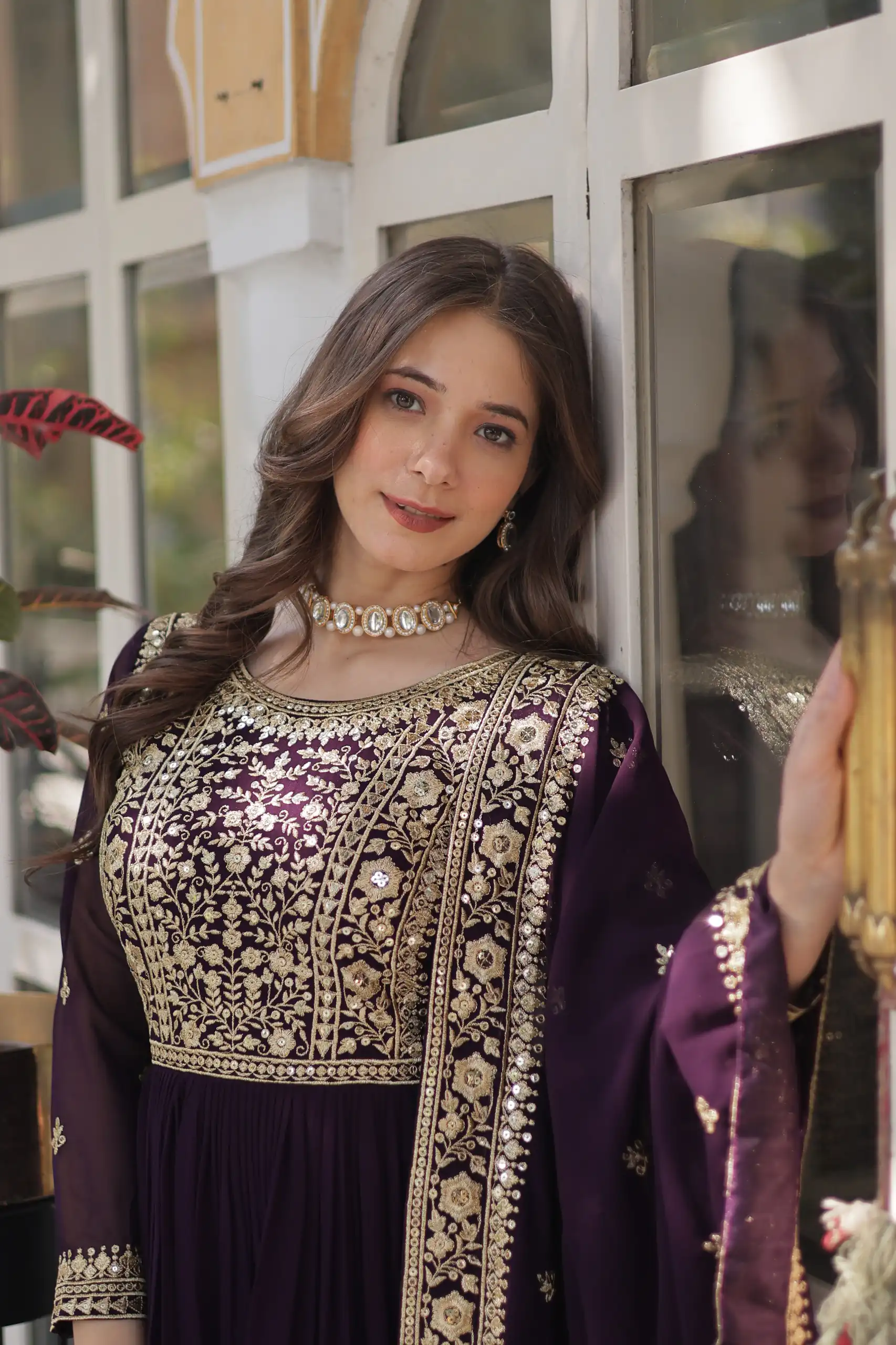 Wine Faux Blooming With Embroidery Zari Work Gown | Gowns, Bollywood Gowns, Creative Gowns, Designer Gowns, Embroidered Gowns, Party Wear Gowns