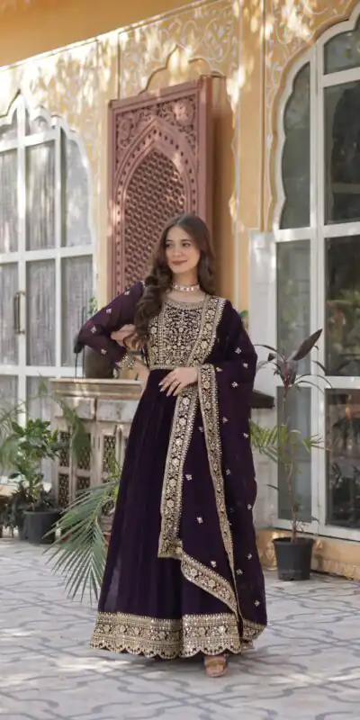 Wine Faux Blooming With Embroidery Zari Work Gown | Gowns, Bollywood Gowns, Creative Gowns, Designer Gowns, Embroidered Gowns, Party Wear Gowns