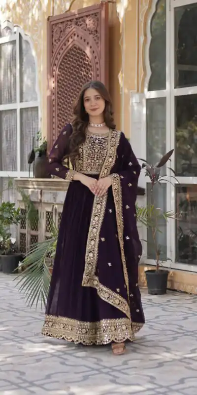 Wine Faux Blooming With Embroidery Zari Work Gown | Gowns, Bollywood Gowns, Creative Gowns, Designer Gowns, Embroidered Gowns, Party Wear Gowns