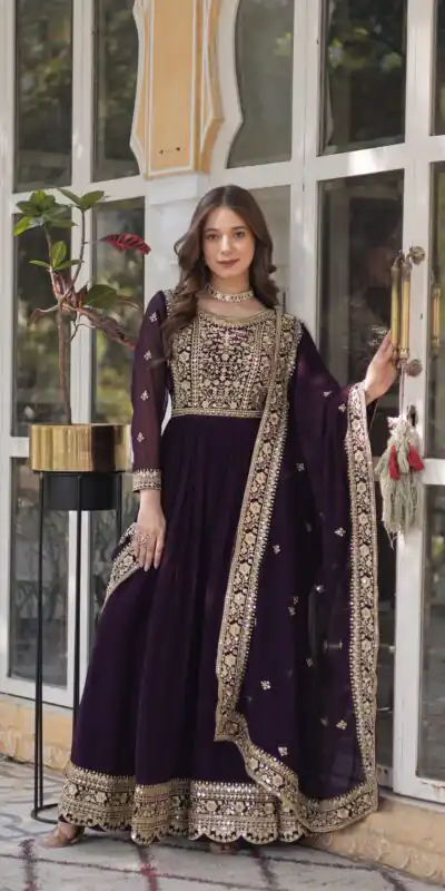 Wine Faux Blooming With Embroidery Zari Work Gown | Gowns, Bollywood Gowns, Creative Gowns, Designer Gowns, Embroidered Gowns, Party Wear Gowns