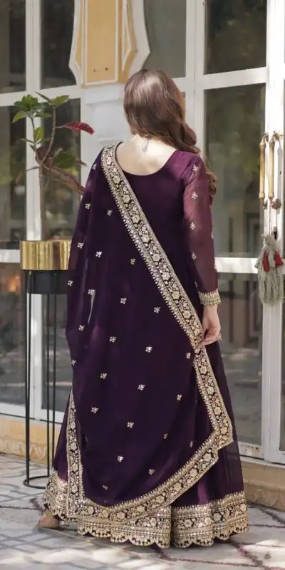 Wine Faux Blooming With Embroidery Zari Work Gown | Gowns, Bollywood Gowns, Creative Gowns, Designer Gowns, Embroidered Gowns, Party Wear Gowns