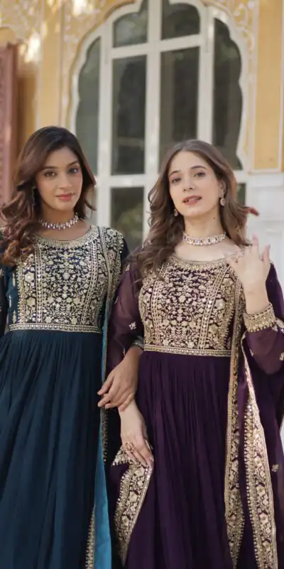 Wine Faux Blooming With Embroidery Zari Work Gown | Gowns, Bollywood Gowns, Creative Gowns, Designer Gowns, Embroidered Gowns, Party Wear Gowns
