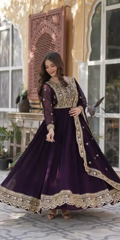 Wine Faux Blooming With Embroidery Zari Work Gown | Gowns, Bollywood Gowns, Creative Gowns, Designer Gowns, Embroidered Gowns, Party Wear Gowns