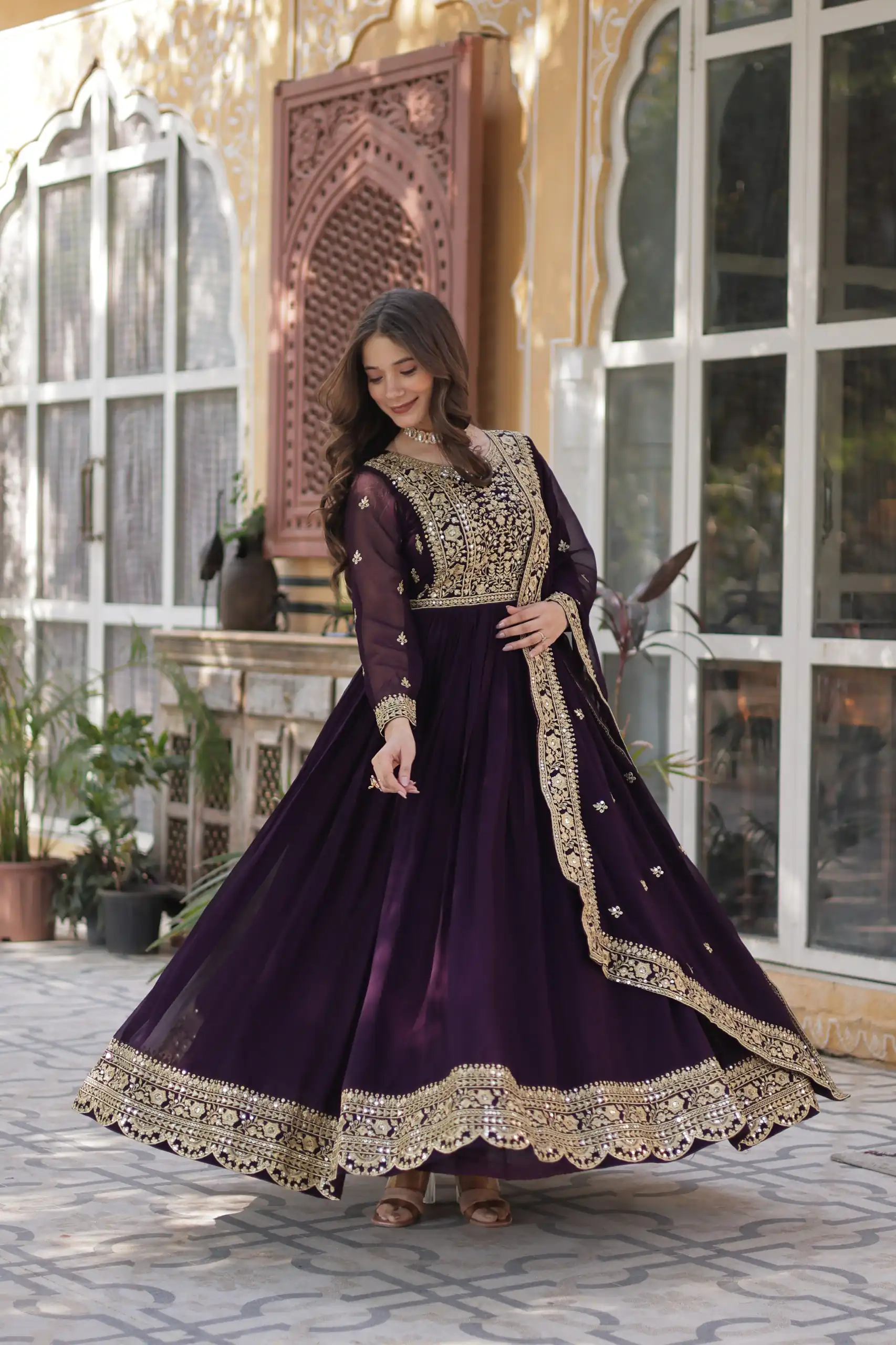 Wine Faux Blooming With Embroidery Zari Work Gown | Gowns, Bollywood Gowns, Creative Gowns, Designer Gowns, Embroidered Gowns, Party Wear Gowns
