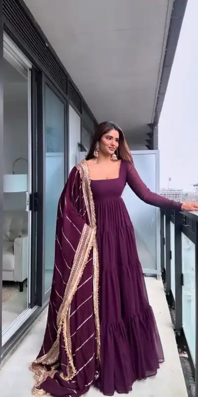 Wine Faux Georgette Ruffle Style Gown | Gowns, Bollywood Gowns, Creative Gowns, Designer Gowns, Embroidered Gowns, Party Wear Gowns