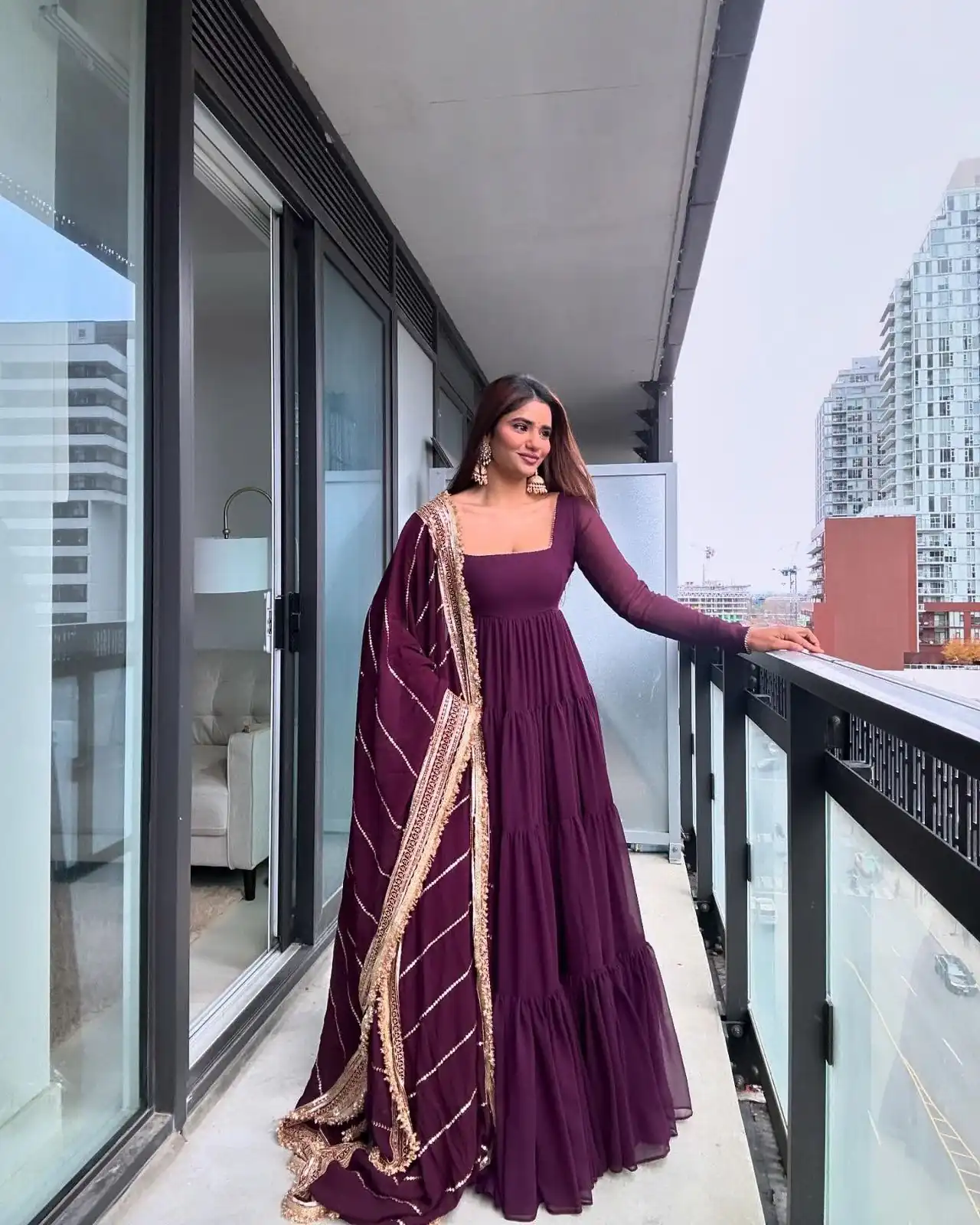 Wine Faux Georgette Ruffle Style Gown | Gowns, Bollywood Gowns, Creative Gowns, Designer Gowns, Embroidered Gowns, Party Wear Gowns