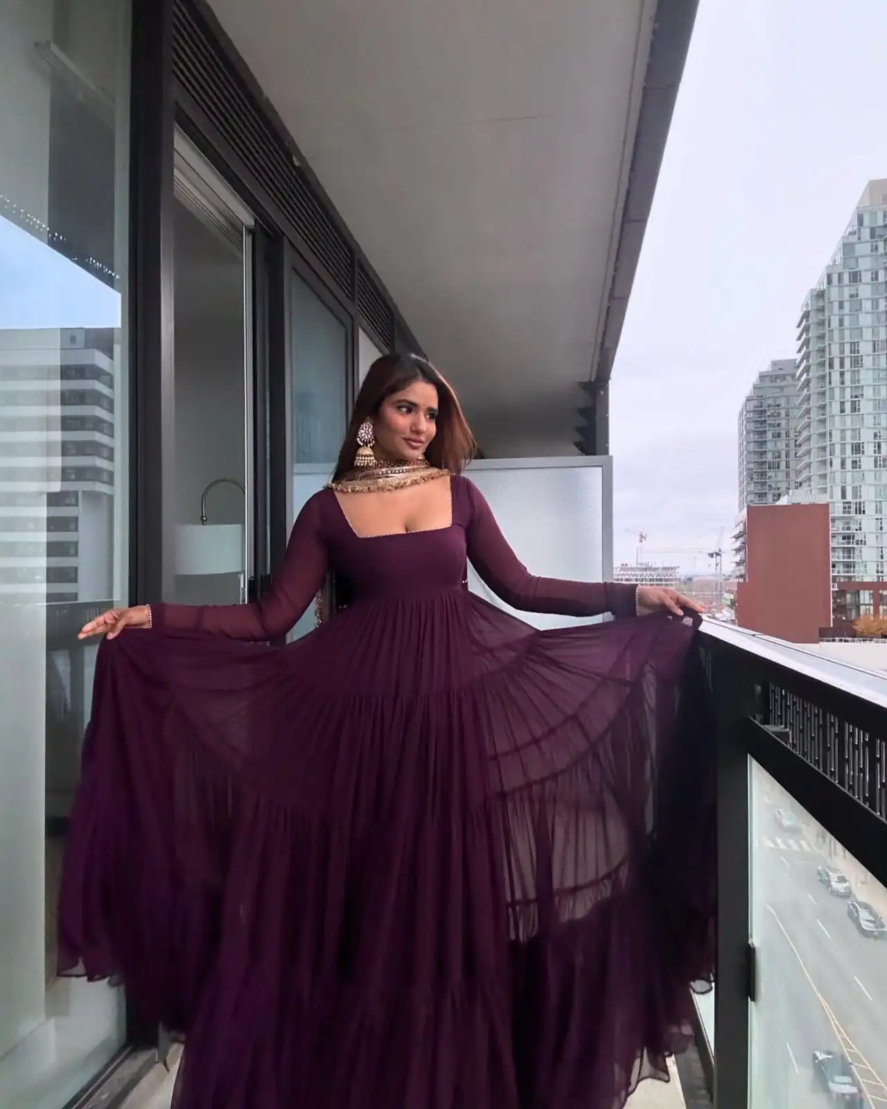 Wine Faux Georgette Ruffle Style Gown | Gowns, Bollywood Gowns, Creative Gowns, Designer Gowns, Embroidered Gowns, Party Wear Gowns