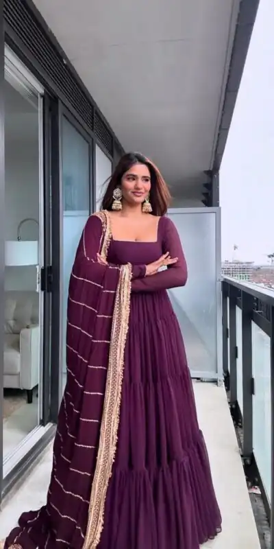 Wine Faux Georgette Ruffle Style Gown | Gowns, Bollywood Gowns, Creative Gowns, Designer Gowns, Embroidered Gowns, Party Wear Gowns