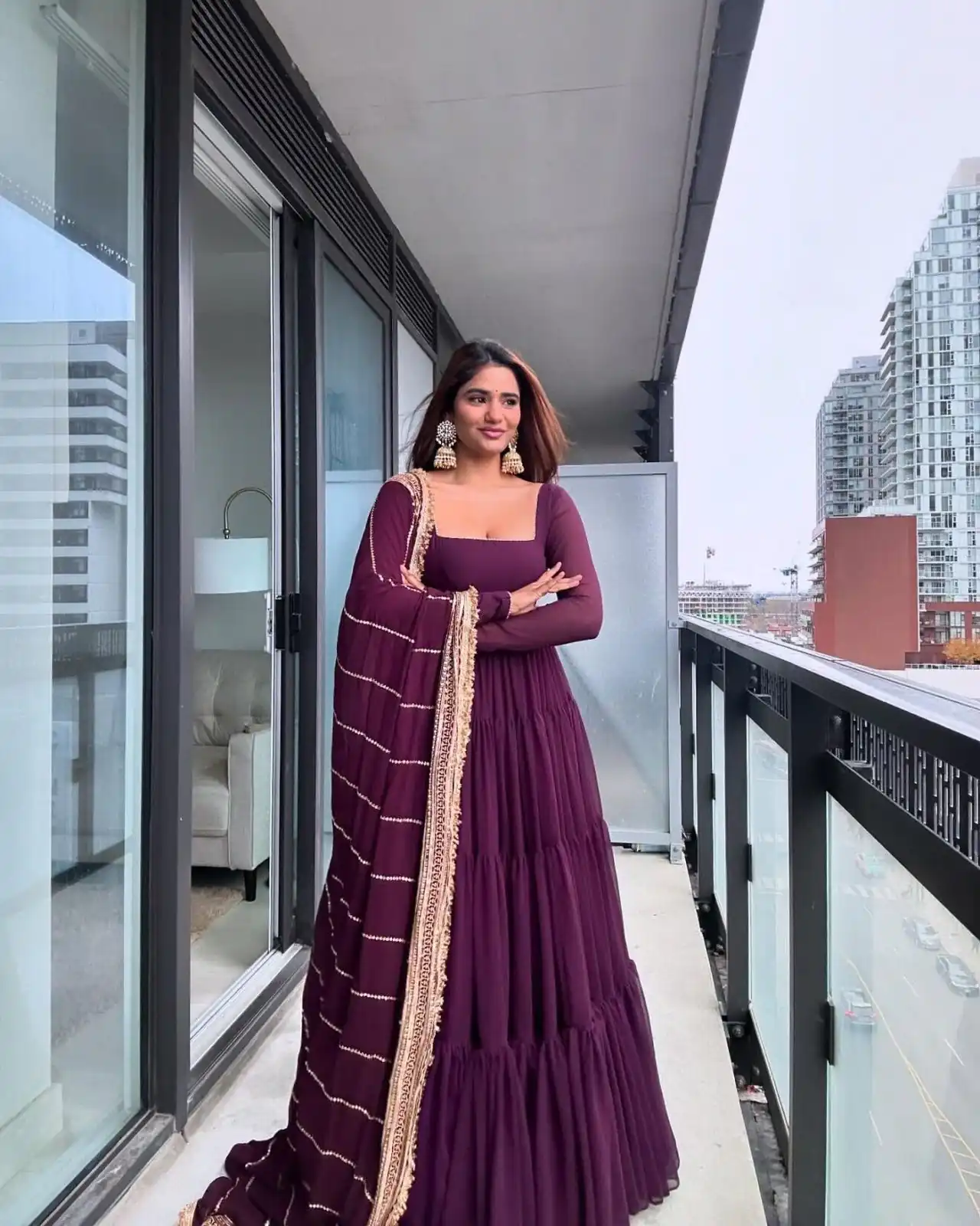Wine Faux Georgette Ruffle Style Gown | Gowns, Bollywood Gowns, Creative Gowns, Designer Gowns, Embroidered Gowns, Party Wear Gowns