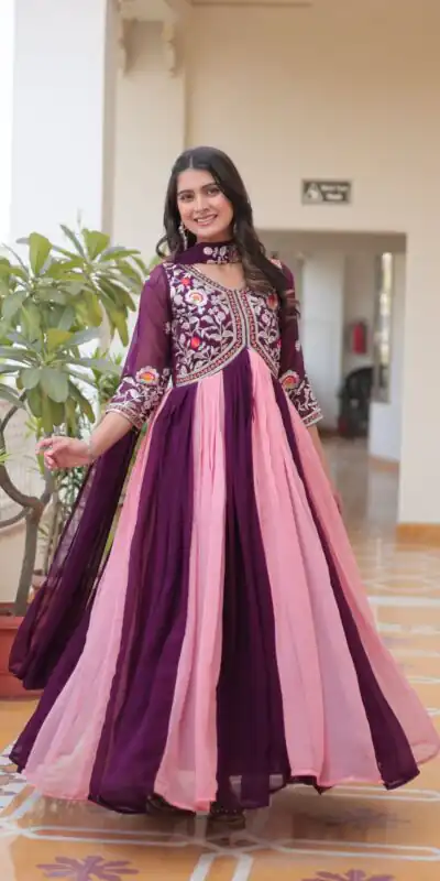 Wine Fox Georgette Embroidery Thread Work Gown | Gowns, Bollywood Gowns, Creative Gowns, Designer Gowns, Embroidered Gowns, Party Wear Gowns