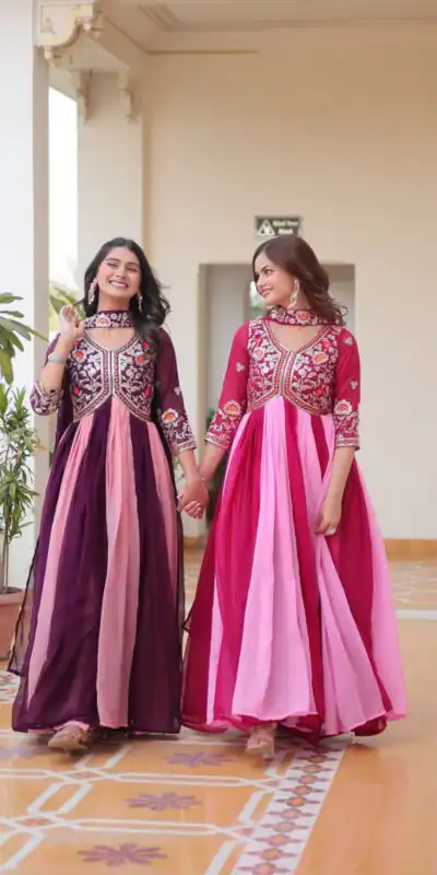 Wine Fox Georgette Embroidery Thread Work Gown | Gowns, Bollywood Gowns, Creative Gowns, Designer Gowns, Embroidered Gowns, Party Wear Gowns