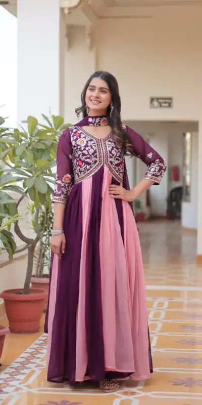 Wine Fox Georgette Embroidery Thread Work Gown | Gowns, Bollywood Gowns, Creative Gowns, Designer Gowns, Embroidered Gowns, Party Wear Gowns