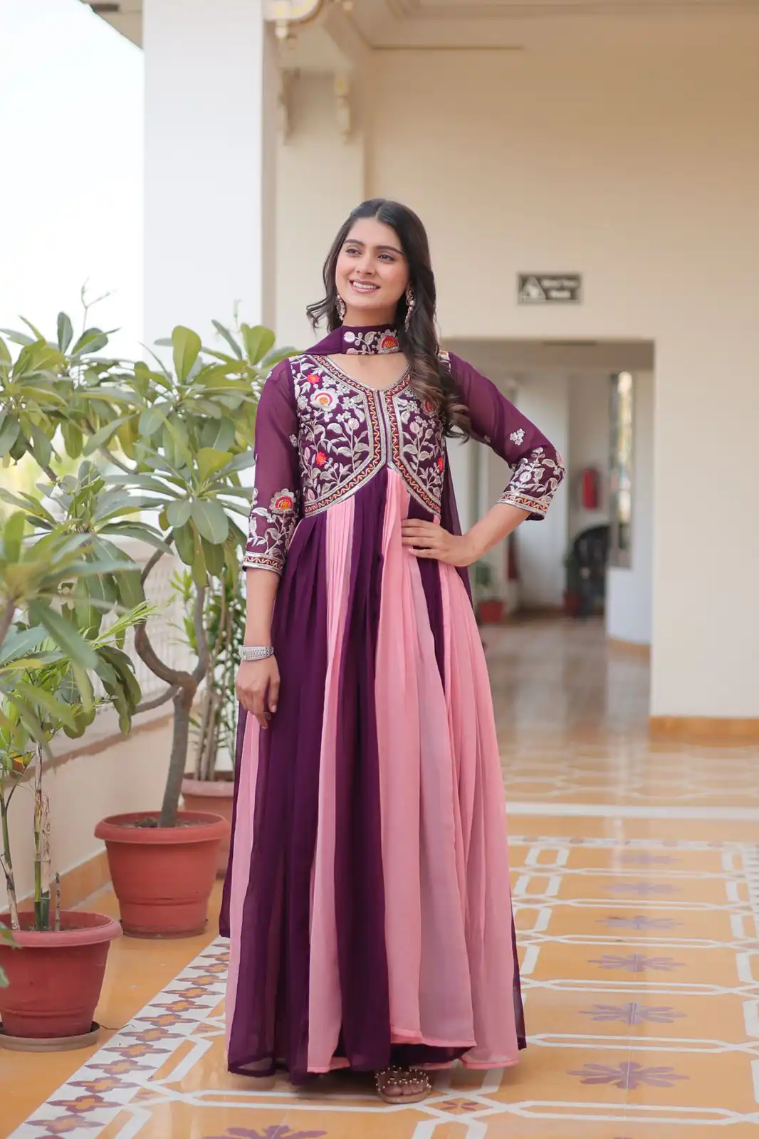 Wine Fox Georgette Embroidery Thread Work Gown | Gowns, Bollywood Gowns, Creative Gowns, Designer Gowns, Embroidered Gowns, Party Wear Gowns
