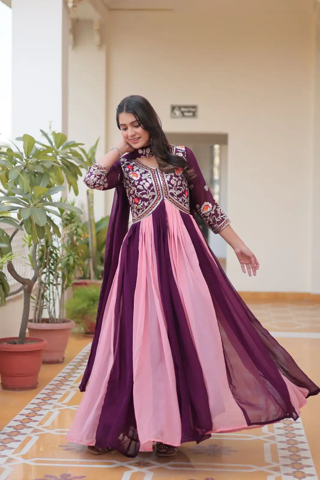Wine Fox Georgette Embroidery Thread Work Gown | Gowns, Bollywood Gowns, Creative Gowns, Designer Gowns, Embroidered Gowns, Party Wear Gowns