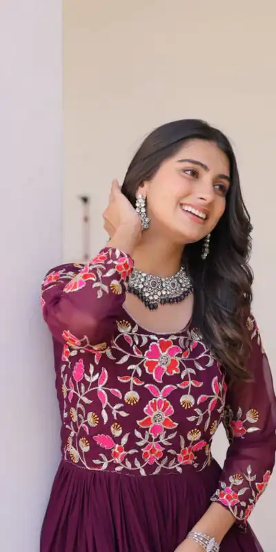 Wine Fox Georgette With Embroidery Work Gown | Jump Suits, Salwar suit, Casual Suits, Creative suits, Designer Suits, Palazzo Suits, Party Wear Suits, Patiala Suits, Straight Suits