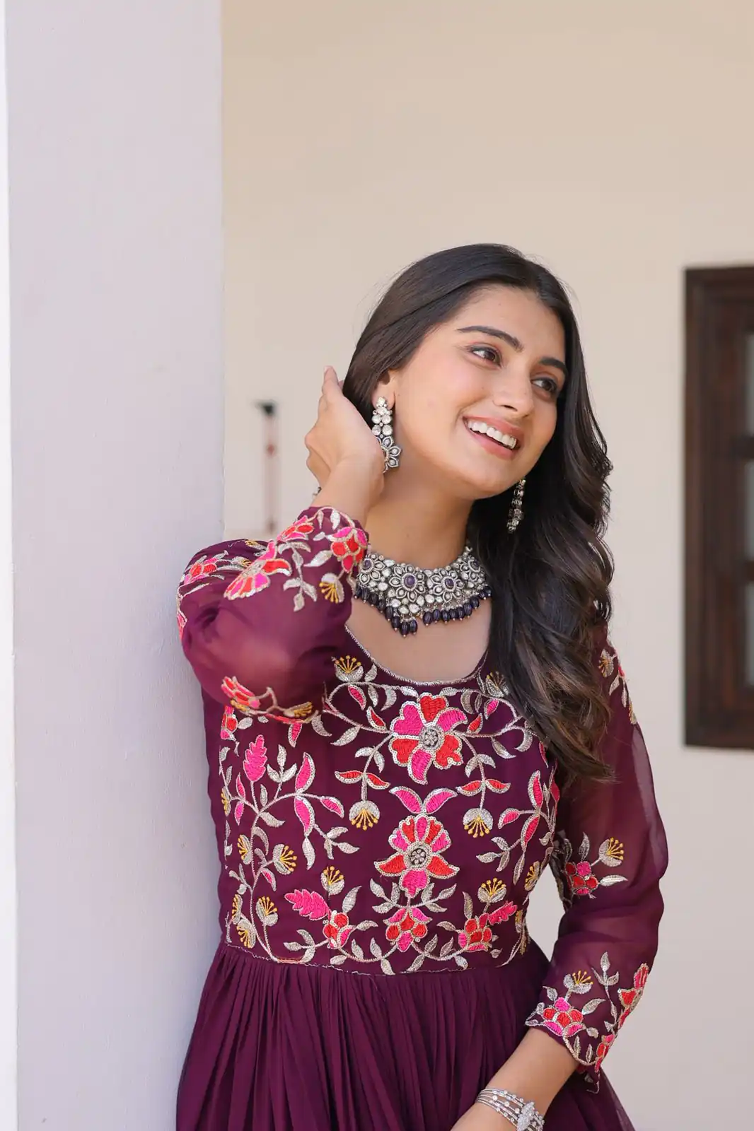 Wine Fox Georgette With Embroidery Work Gown | Jump Suits, Salwar suit, Casual Suits, Creative suits, Designer Suits, Palazzo Suits, Party Wear Suits, Patiala Suits, Straight Suits