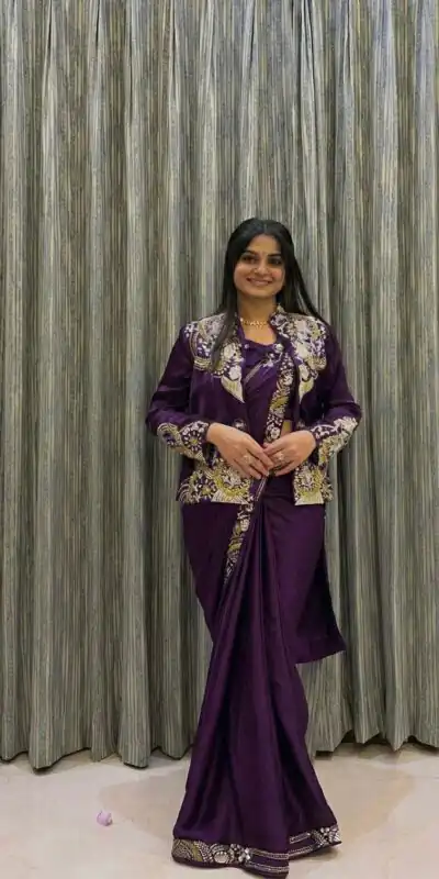 Wine French Crape Embroidery Work Saree | Sarees, Bollywood Sarees, Creative Sarees, Designer Sarees, Embroidered Sarees, Ethnic Saree, Modern Digital sarees, Party Wear Sarees