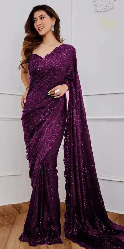 Wine Georgette 5MM Sequence Work Saree | Sarees, Bollywood Sarees, Creative Sarees, Designer Sarees, Embroidered Sarees, Ethnic Saree, Modern Digital sarees, Party Wear Sarees