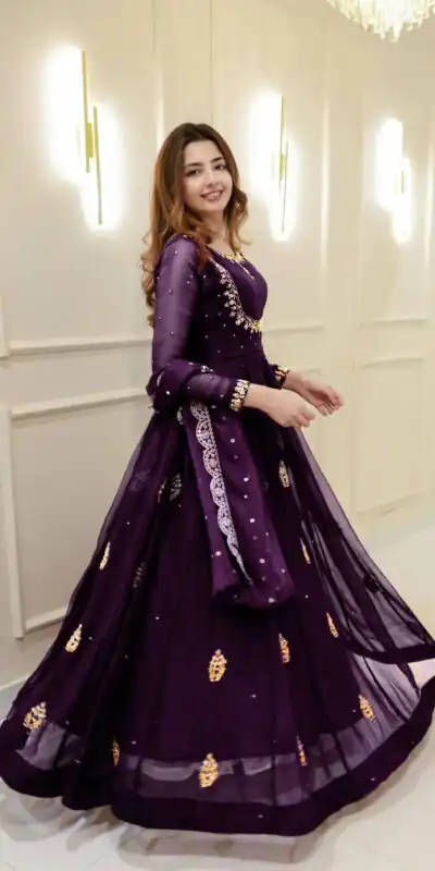 Wine Georgette Embroidery Work Gown | Gowns, Bollywood Gowns, Creative Gowns, Designer Gowns, Embroidered Gowns, Party Wear Gowns