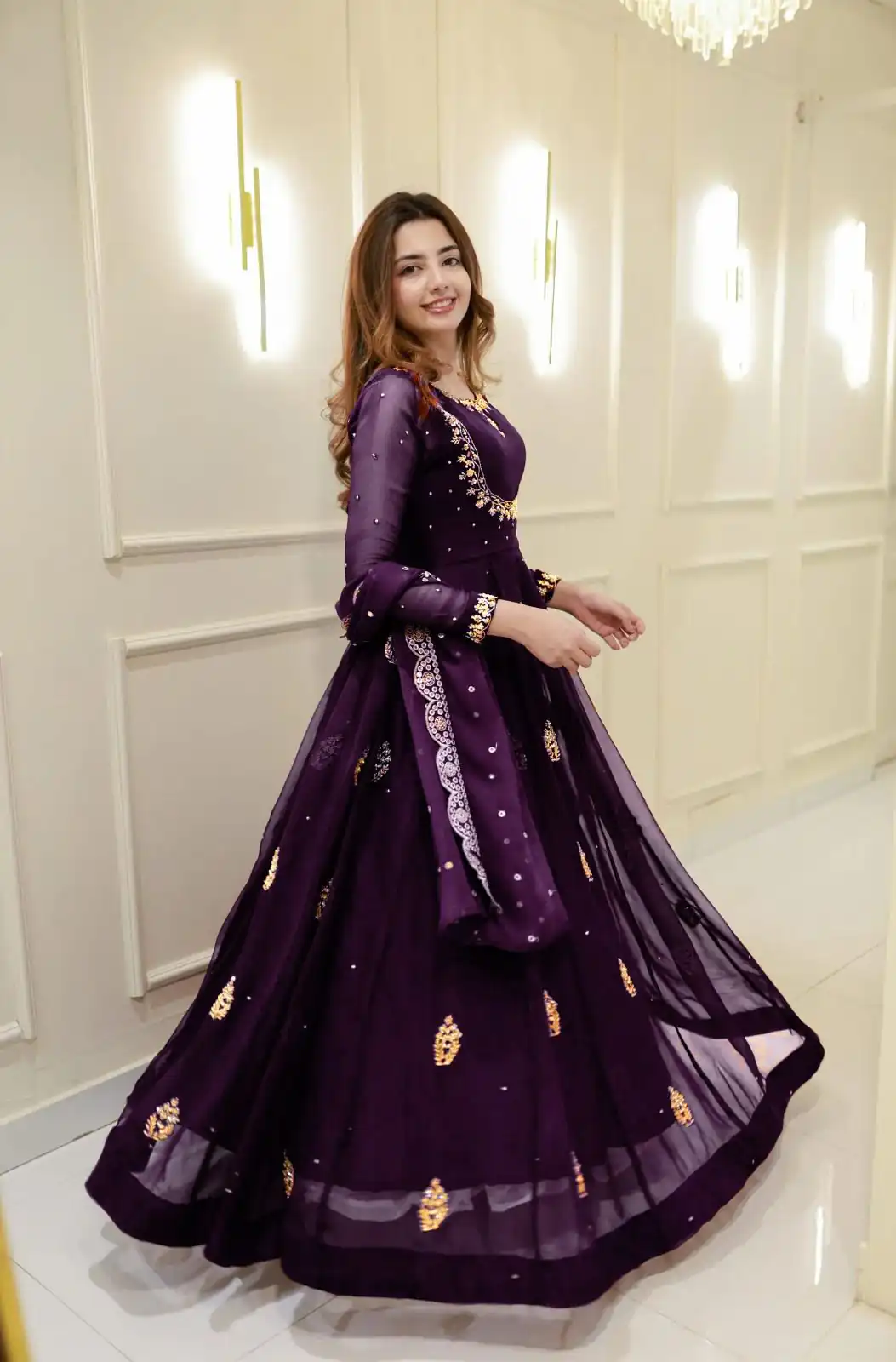 Wine Georgette Embroidery Work Gown | Gowns, Bollywood Gowns, Creative Gowns, Designer Gowns, Embroidered Gowns, Party Wear Gowns