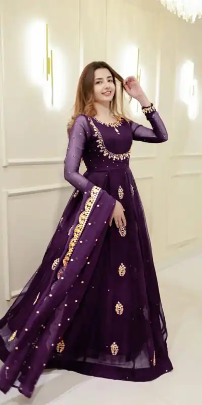 Wine Georgette Embroidery Work Gown | Gowns, Bollywood Gowns, Creative Gowns, Designer Gowns, Embroidered Gowns, Party Wear Gowns