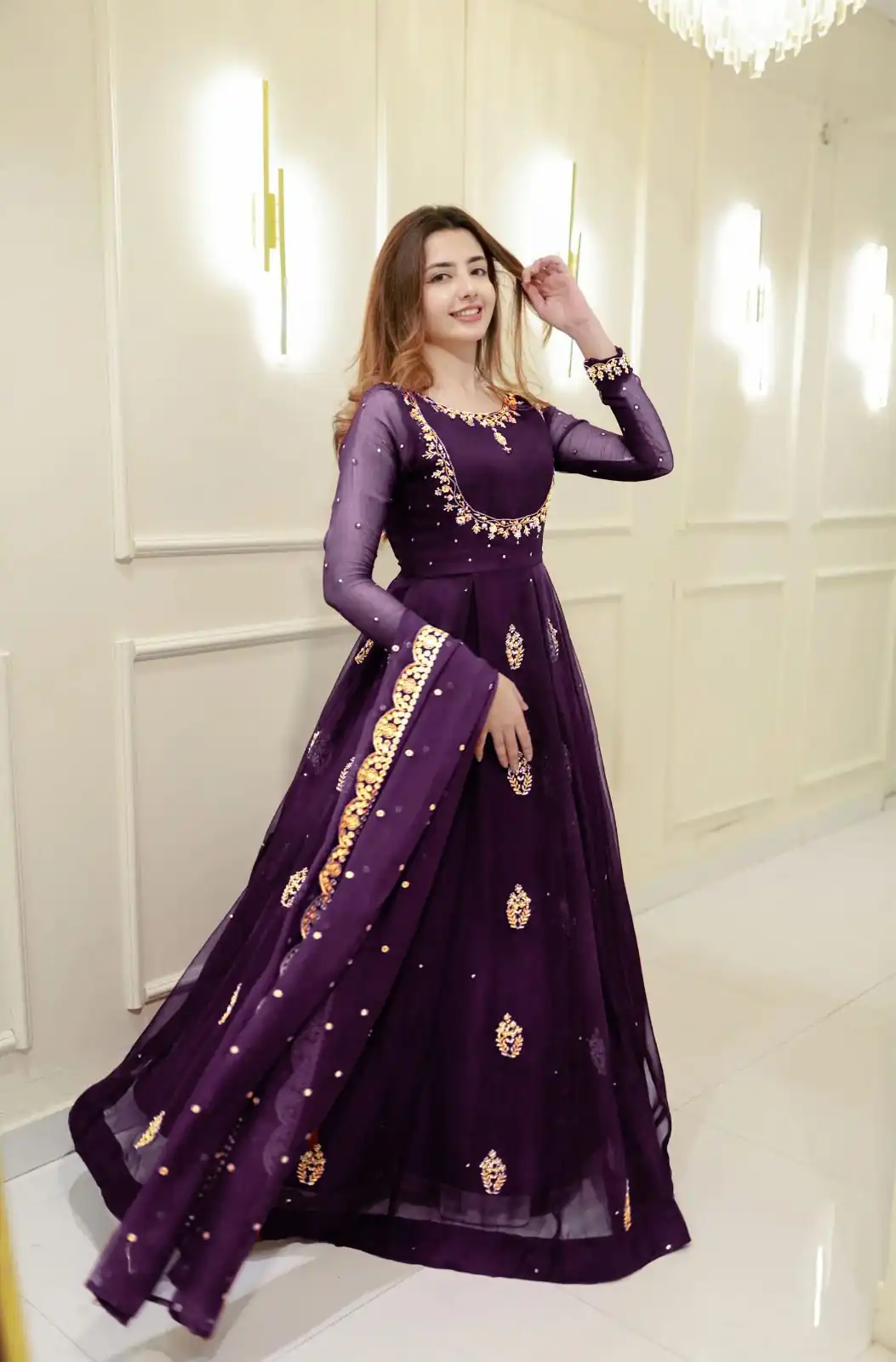 Wine Georgette Embroidery Work Gown | Gowns, Bollywood Gowns, Creative Gowns, Designer Gowns, Embroidered Gowns, Party Wear Gowns