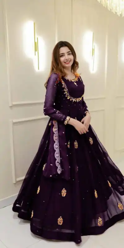 Wine Georgette Embroidery Work Gown | Gowns, Bollywood Gowns, Creative Gowns, Designer Gowns, Embroidered Gowns, Party Wear Gowns