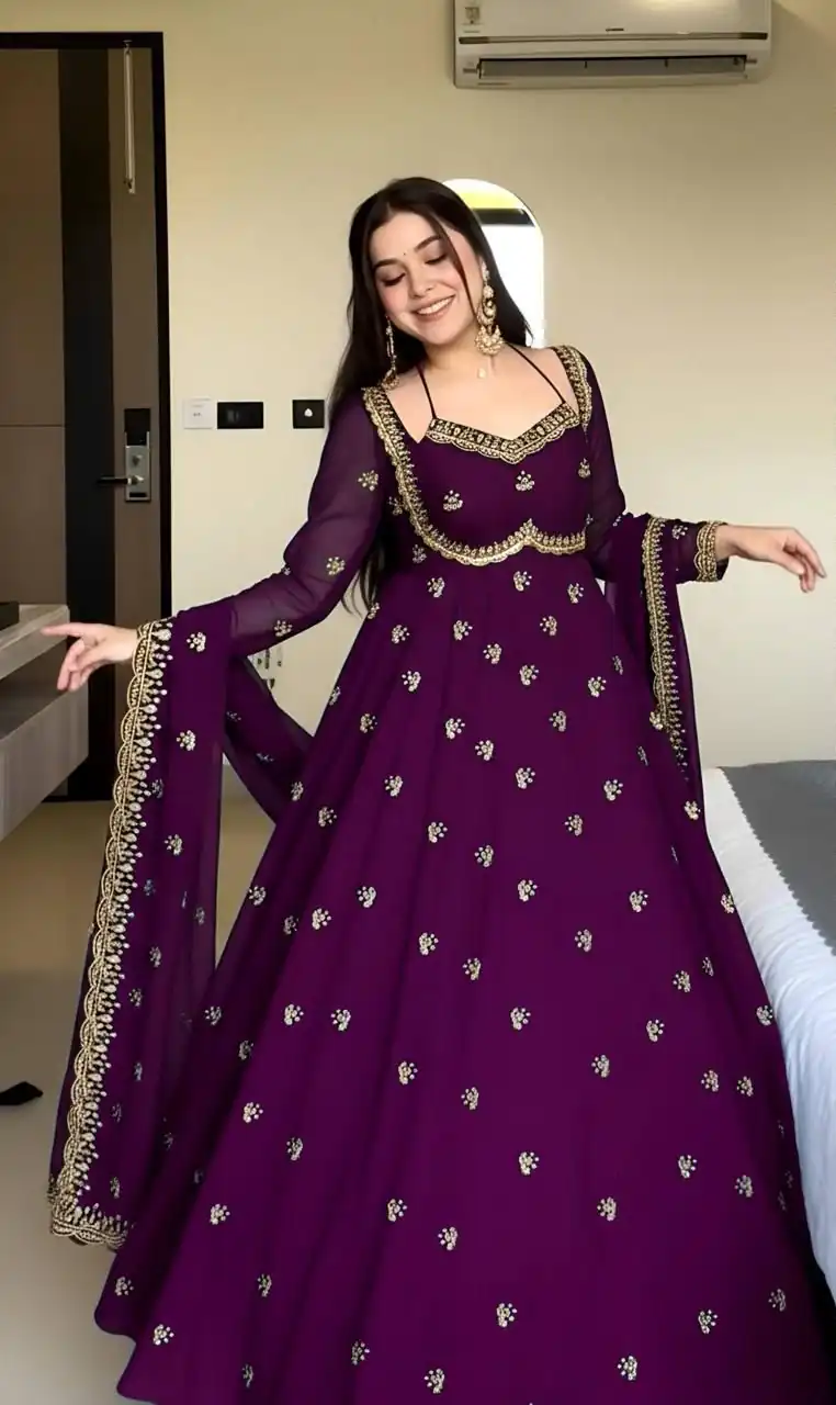 Wine Georgette Embroidery Work Gown | Gowns, Bollywood Gowns, Creative Gowns, Designer Gowns, Embroidered Gowns, Party Wear Gowns