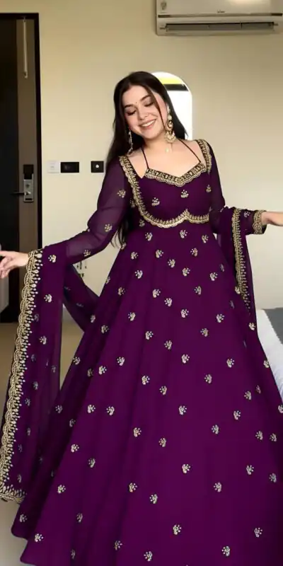Wine Georgette Embroidery Work Gown | Gowns, Bollywood Gowns, Creative Gowns, Designer Gowns, Embroidered Gowns, Party Wear Gowns