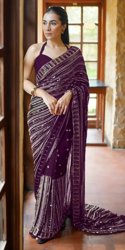 Wine Georgette Embroidery Work Saree | Sarees, Bollywood Sarees, Creative Sarees, Designer Sarees, Embroidered Sarees, Ethnic Saree, Modern Digital sarees, Party Wear Sarees