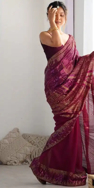 Wine Georgette Sequence Lace Work Saree | Sarees, Bollywood Sarees, Creative Sarees, Designer Sarees, Embroidered Sarees, Ethnic Saree, Modern Digital sarees, Party Wear Sarees