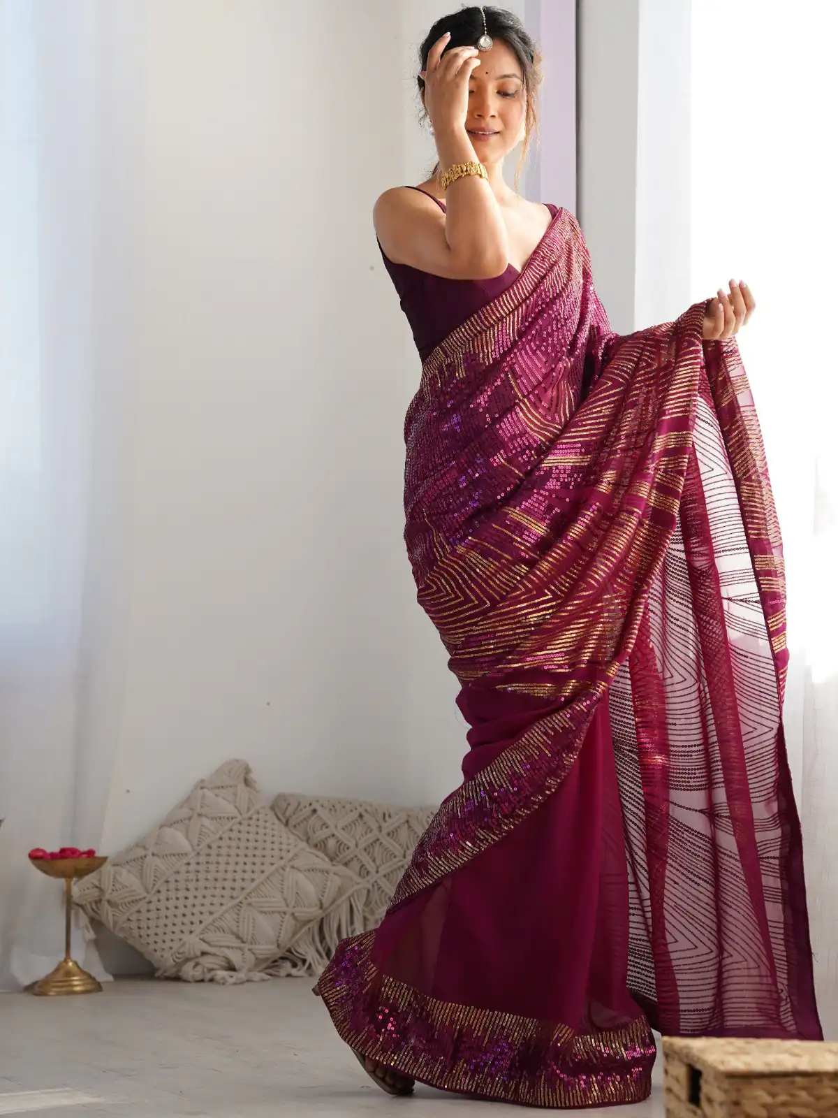 Wine Georgette Sequence Lace Work Saree | Sarees, Bollywood Sarees, Creative Sarees, Designer Sarees, Embroidered Sarees, Ethnic Saree, Modern Digital sarees, Party Wear Sarees