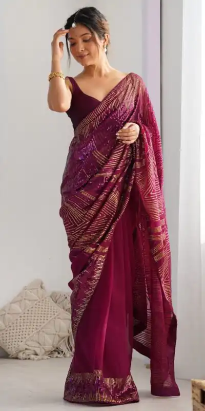 Wine Georgette Sequence Lace Work Saree | Sarees, Bollywood Sarees, Creative Sarees, Designer Sarees, Embroidered Sarees, Ethnic Saree, Modern Digital sarees, Party Wear Sarees