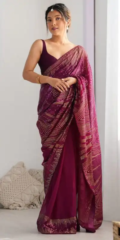 Wine Georgette Sequence Lace Work Saree | Sarees, Bollywood Sarees, Creative Sarees, Designer Sarees, Embroidered Sarees, Ethnic Saree, Modern Digital sarees, Party Wear Sarees