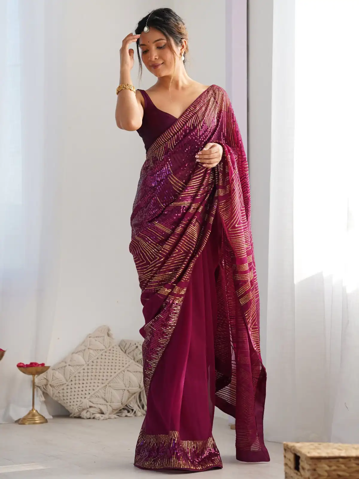 Wine Georgette Sequence Lace Work Saree | Sarees, Bollywood Sarees, Creative Sarees, Designer Sarees, Embroidered Sarees, Ethnic Saree, Modern Digital sarees, Party Wear Sarees