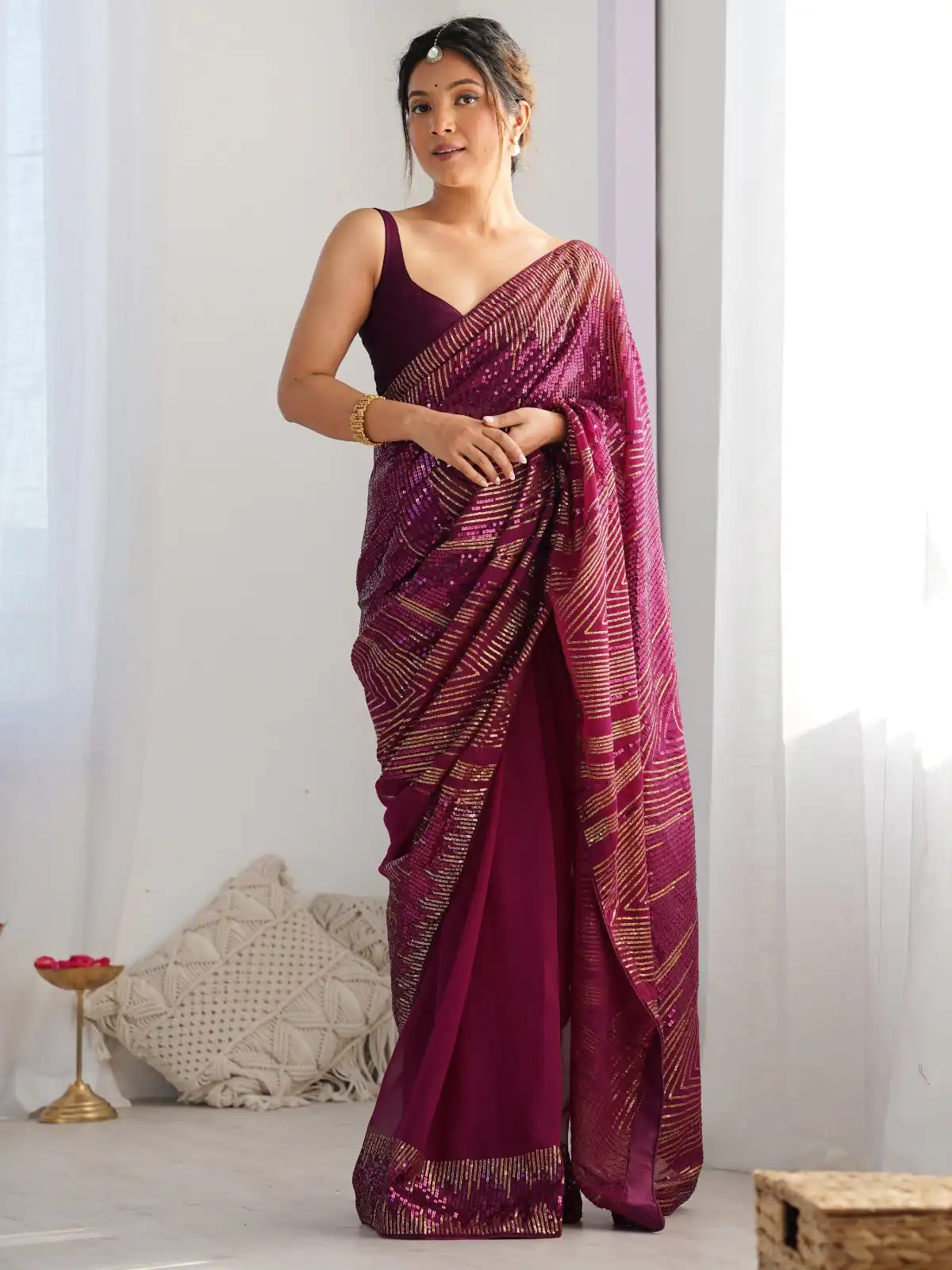 Wine Georgette Sequence Lace Work Saree | Sarees, Bollywood Sarees, Creative Sarees, Designer Sarees, Embroidered Sarees, Ethnic Saree, Modern Digital sarees, Party Wear Sarees
