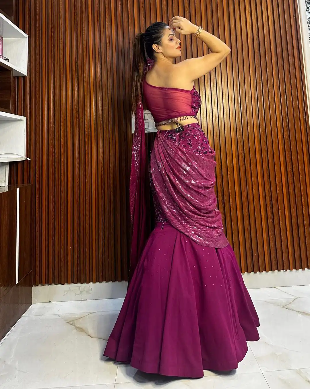 Wine Georgette Thread Sequence Lehenga Saree | Lehenga, Bollywood Lehenga, Creative Lehenga, Designer Lehenga, Embroidered Lehenga, Party Wear Lehenga
