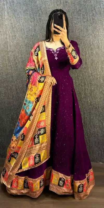 Wine Georgette Wide Sequence Work Anarkali Gown | Gowns, Bollywood Gowns, Creative Gowns, Designer Gowns, Embroidered Gowns, Party Wear Gowns, Straight Suits