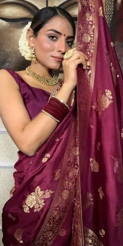 Wine Lichi Silk Jacquard Work Saree | Sarees, Bollywood Sarees, Creative Sarees, Designer Sarees, Embroidered Sarees, Ethnic Saree, Modern Digital sarees, Party Wear Sarees