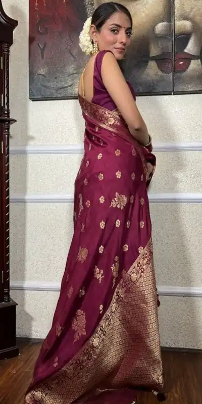 Wine Lichi Silk Jacquard Work Saree | Sarees, Bollywood Sarees, Creative Sarees, Designer Sarees, Embroidered Sarees, Ethnic Saree, Modern Digital sarees, Party Wear Sarees
