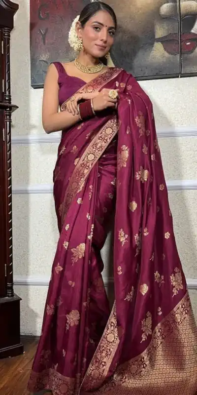 Wine Lichi Silk Jacquard Work Saree | Sarees, Bollywood Sarees, Creative Sarees, Designer Sarees, Embroidered Sarees, Ethnic Saree, Modern Digital sarees, Party Wear Sarees