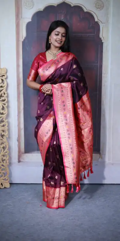 Wine Paithani Ajanta Lotus With Lace Work Saree | Sarees, Bollywood Sarees, Creative Sarees, Designer Sarees, Embroidered Sarees, Ethnic Saree, Modern Digital sarees, Party Wear Sarees